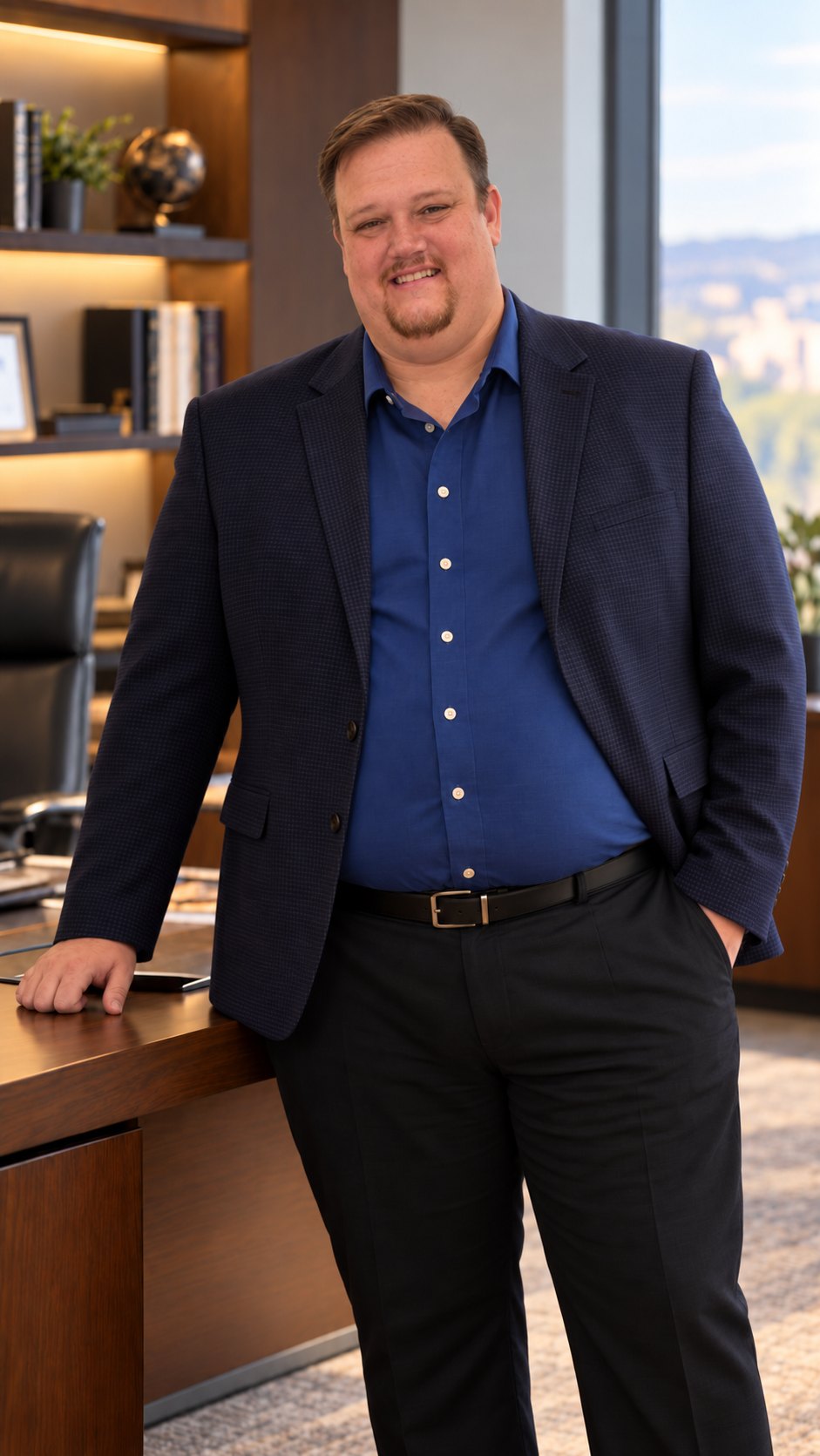 Brandon Tinder in a navy blazer and blue shirt, standing beside a wooden desk in an office